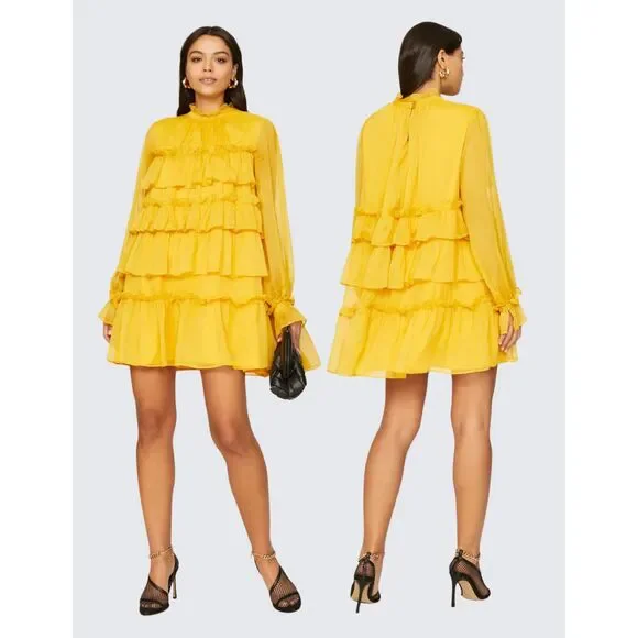 Sunflower Yellow Tiered Ruffles Mini Dress | 60s-Style Retro Cocktail - Picture 1 of 9